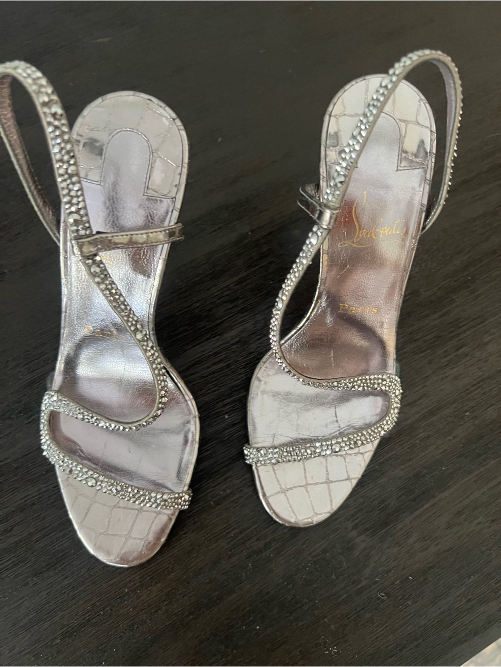 Christian Louboutin Silver Crystal-Strap Slingback Heels